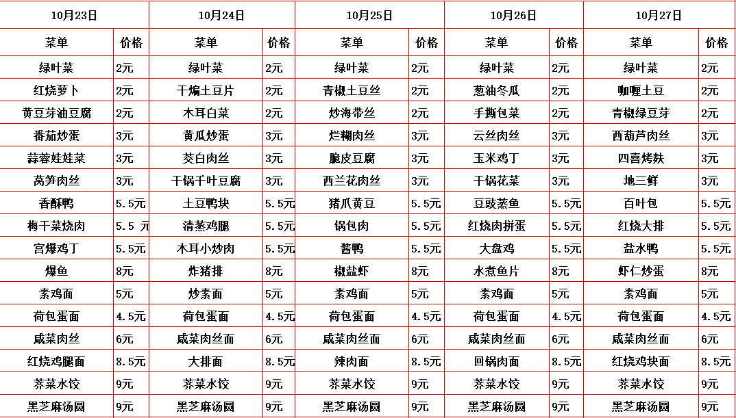 2023学年第一学期第九周菜单