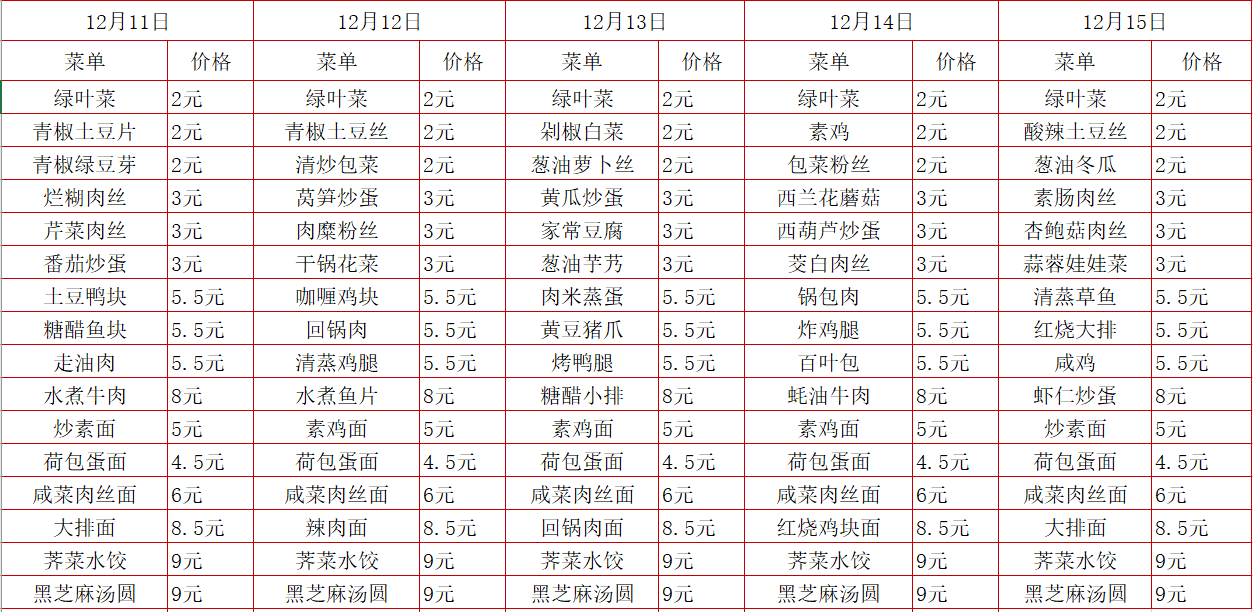 2023学年第一学期第十六周菜单
