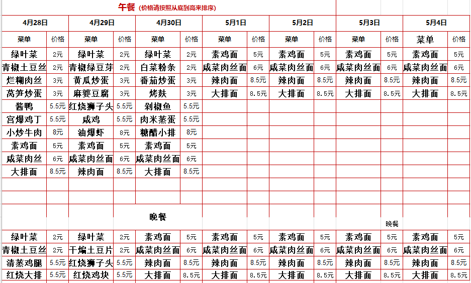 2024学年第二学期第十一周菜单