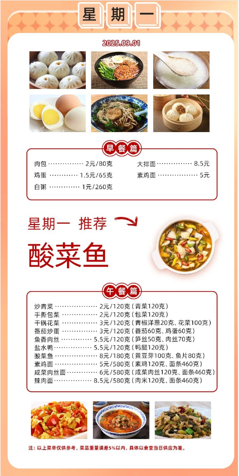 2025学年第一学期第一周菜单