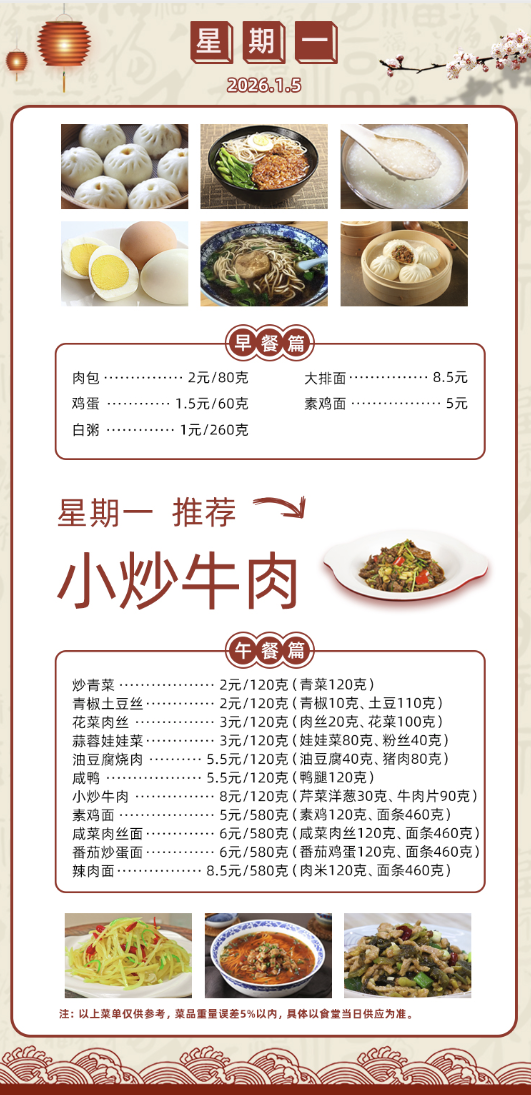 2025学年第一学期第十九周菜单
