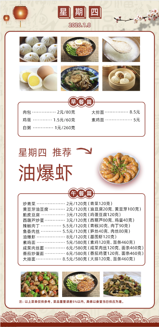 2025学年第一学期第十九周菜单