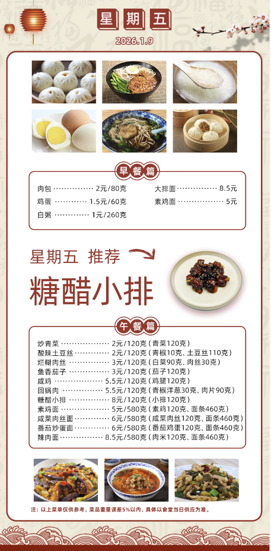 2025学年第一学期第十九周菜单