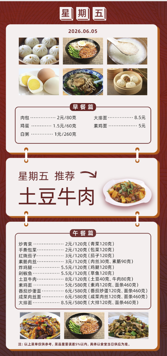 2025学年第二学期第十四周菜单